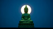 © Arli's & Co - Green Buddha Statue Meditating in Front of a Glowing Full Moon