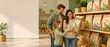 © Zaleman - Family choosing green packaged pet food in a bright pet store, with a child pointing at a bag, dog beside wooden shelves, and left copy space