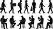 © MdShah - People silhouettes set walking carrying bags reading books and using smartphone tablet everyday lifestyle poses vector collection