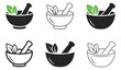 © Rose - stylized herbal icon set featuring mortar and pestle with leaves for natural remedies and wellness, organic healing concept collection, natural medicine symbols for spa, apothecary branding, health ca