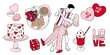 © Débora Floriano - Dia dos Namorados, amor, romance, coração, casal, elementos gráficos, ilustração, desenho, vermelho, bolo,  rosa, estético, dado, croissant, café, dança, bebida, macaron, café da manhã, comemoração