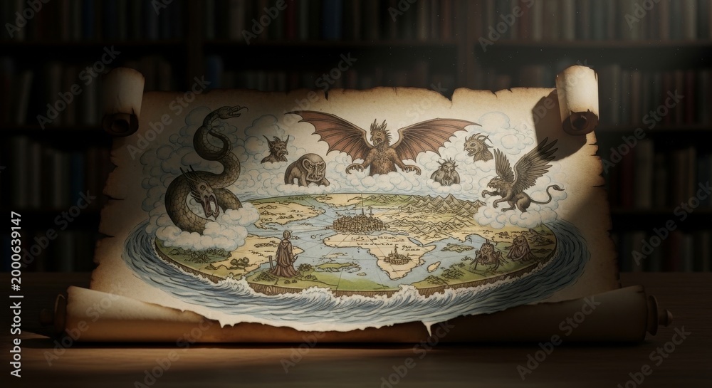 Ancient Fantasy Scroll Map with Mythical Creatures Stock Photo | Adobe ...
