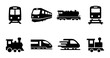 © Mariya - Minimalist train icon set, black silhouette railway transportation symbols, 8 vector elements of locomotive and subway for logistics and travel design