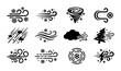 © Mahira - Winter wind and blizzard icon set, 12 weather vector elements for snow storm and cold climate, black minimalist wind blowing symbols