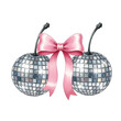 © Valentin - high key watercolor illustration of two sparkling disco ball cherries tied by a vibrant pink satin bow, isolated on a transparent background with ample copy space. Retro party concept