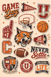 © Baihaki - A collection of vintage-style college and university themed stickers and badges, featuring sports, academic, and campus life elements.