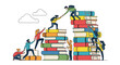 © Brandon - Group of ambitious students helps each other climb a tall stack of colorful books to represent the journey of education.