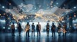 © haemye - Global network connection map over blurred business executives in a modern office, concept for international commerce, data connectivity and financial technology innovation