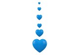 Blue 3D hearts in vertical row, glossy heart shapes of varying sizes, romantic blue icons on white background, minimalist love symbols