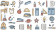 © Kanon Islam - Hand drawn school supplies and education icons collection with backpack bus stationery books and classroom equipment elements set flat vector illustration
