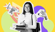© Prostock-studio - A young woman with glasses holds books and a notepad. She smiles confidently against a bright yellow background. The scene suggests a focus on learning and creativity.
