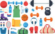 © MdJalal - Fitness and Sports Equipment Icon Set with Dumbbells, Kettlebell, Yoga Mat, Boxing Gloves, Basketball, Running Shoes, and Gym Accessories for Workout Design