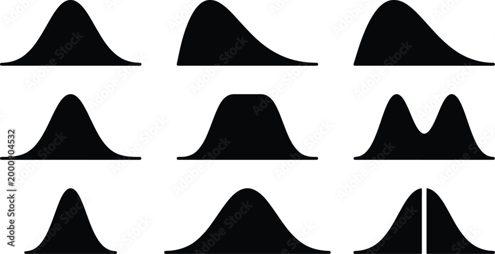 Normal distribution curve icons, set of 9 probability bell curve vector ...