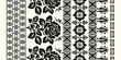 © supachai - Seamless Black and White Ethnic Floral Border Pattern, Monochrome Tribal Stripes with Roses and Geometric Ornaments, Traditional Folk Textile Design for Fashion and Home Decor