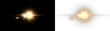 © tanandaa - Golden lens flare effect with a central glowing orb and soft circular light elements isolated on transparent and black background, light overlay, PNG