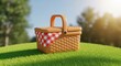 © HabiburRahman - Woven wicker picnic basket sitting on lush green grass during a sunny summer afternoon