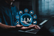 © Supatman - LLM large language model concept. LLM interface with chat, translation, code, automation, application, and big data icons, intelligent language processing, machine learning, AI tools, development app,