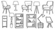© Helena - Collection of minimalist furniture illustrations featuring various chairs, lamps, and bookshelves, showcasing modern design elements and stylish home decor concepts