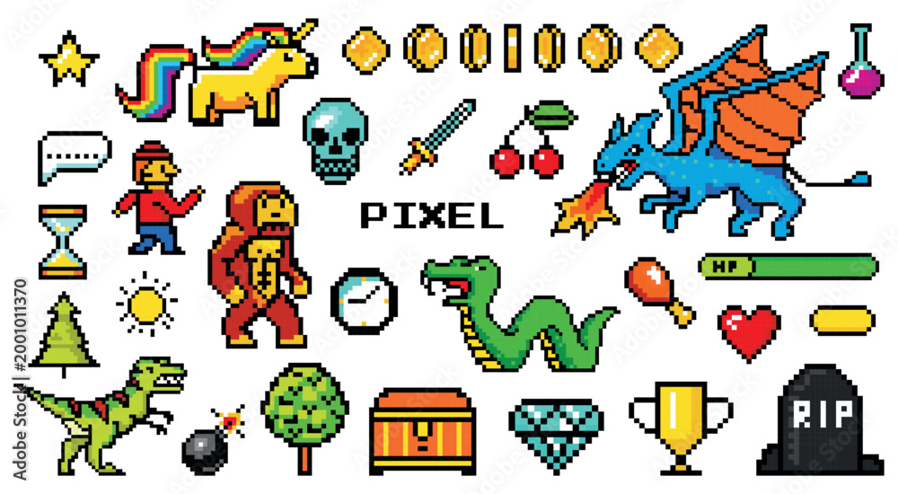 8 bit or pixel arcade elements for vintage 90s game. Snake, unicorn ...