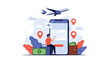 © Hubert - Traveler sitting on a suitcase and using a mobile app to book flights and manage travel locations on his smartphone.