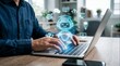 © David Zarzosa - Person using laptop with AI education assistant hologram, online learning chatbot and digital tutoring concept.