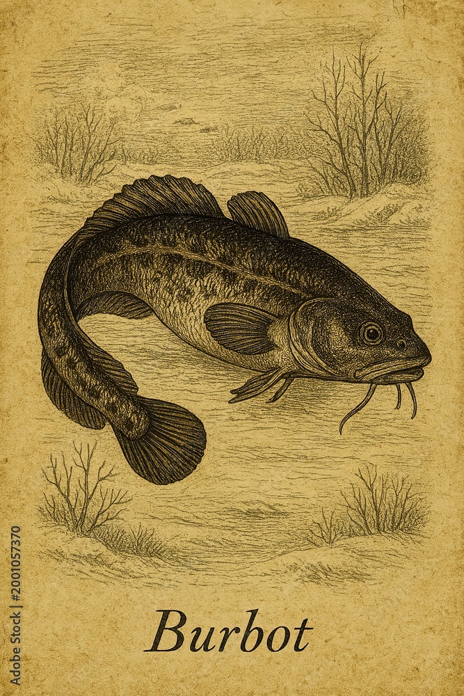 Retro scientific drawing of an eel like burbot fish on aged parchment ...