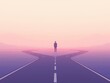 © Creative Art - Lone human silhouette standing at a three-way crossroads in a misty pastel dawn landscape. Powerful metaphor for life choices, career decisions and new beginnings. Ideal for spring 2026 concepts.