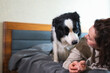 © Юлия Завалишина - Smiling woman playing with cute puppy dog border collie on bed at home indoor. Owner girl stroking holding dog friend sitting on sofa in living room. Love for pets friendship support team concept