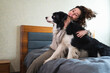 © Юлия Завалишина - Smiling woman playing with cute puppy dog border collie on bed at home indoor. Owner girl stroking holding dog friend sitting on sofa in living room. Love for pets friendship support team concept