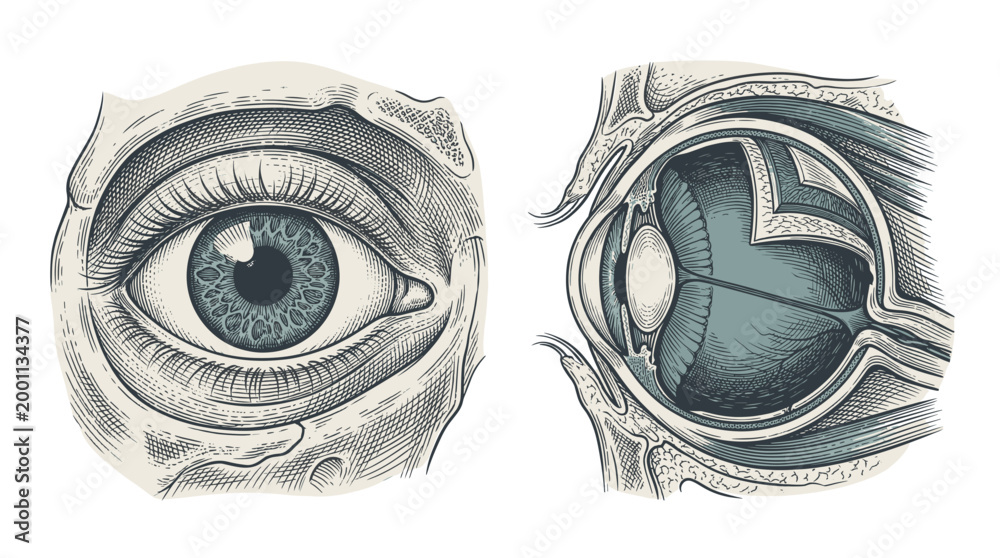 Anatomical illustration of the human eye, showing both the external ...