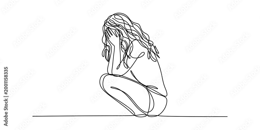Sad woman face hidden in hands, crouching pose, single line drawing art ...