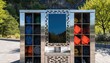 © Justlight - Medium shot capturing a smart locker rental system at a trailhead focused on the touchscreen panel with hiking gear items slightly out of focus inside the lockers.