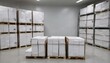 © DigitalSpace - Medium shot of climatecontrolled storage room showcasing neatly stacked palletized paper reams under regulated temperature and humidity. Medium shot capturing open cartons filled