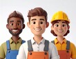 © Tomomo Stock - 笑顔の建設作業員チームの3Dキャラクター イラスト 多様性と協力のイメージ
