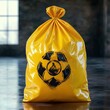© zong - shiny yellow waste bag stamped with radiation hazard symbol on concrete floor in dim industrial room, ominous and unsettling mood