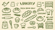 © fusiangkara - Charming hand-drawn bakery illustration featuring fresh bread pastries croissants and baking ingredients on a light background