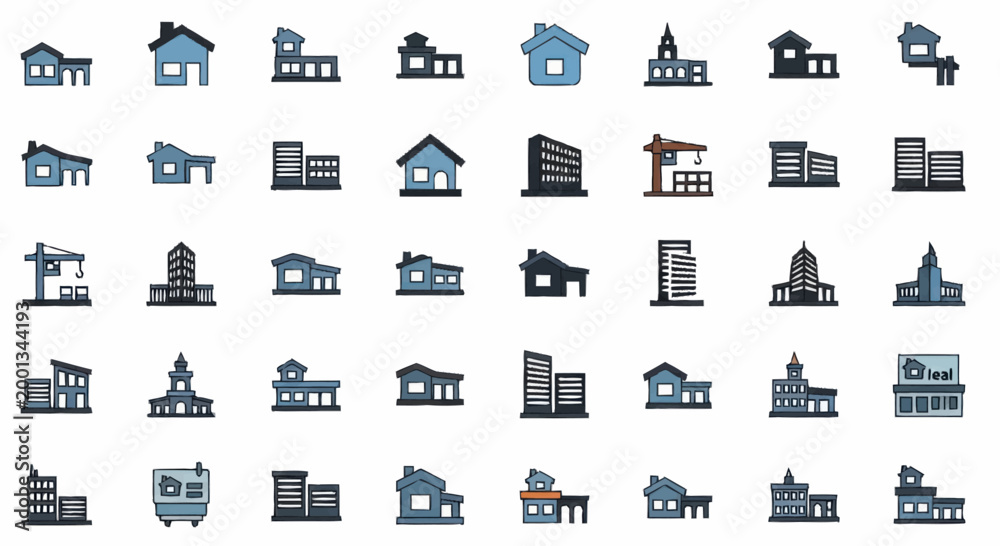 Collection of diverse building icons representing various architectural ...