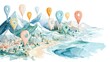 © Newstep - A watercolor landscape showing mountains, a coastal town, and sea, with colorful location pins scattered across the terrain, symbolizing travel and exploration.