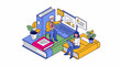 © ALI - Professional mentor teaching young student about business development using laptop on big books isometric illustration design