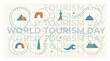 © Nishat - World tourism day travel concept illustration featuring global landmarks and iconic monuments along a dotted path design for international vacation promotion