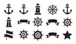 © Tamanna - Set of nautical icons including anchors steering wheels lighthouses flags and star shapes.