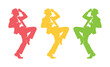 © Joe - Dynamic dancing man silhouette vector set, three vibrant colored male figures in fedora hats and suits, iconic pop culture dance move illustration for music, entertainment