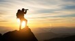 © Ariestia - Backpacker stands on a mountain peak looking through a telescope at sunset.