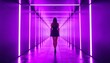 © ruangrit19 - A young woman standing in a futuristic neon tunnel with vibrant purple glowing lights creating a conceptual atmosphere of mystery and style.