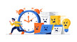 © muhammadsyaiful - Employee escapes from a giant angry clock and frustrated office items that symbolize overwhelming workplace stress.