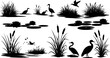 © Kabaka - Silhouette of wetland scenery with birds, cattails, water lilies, and reeds in black and white style editable vector eps,ai