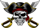Pirate skull crossbones wearing a tricorn captain hat, eyepatch with crossing sabers or scimitar cutlass pirate swords. In a vintage retro woodcut style.