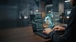 © BEOstudio - Professional remote IT infrastructure management and technical troubleshooting concept featuring a businessman using a laptop with futuristic holographic maintenance icons and digital data pulses