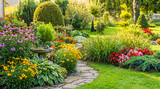 Beautiful vibrant garden with a winding stone path, diverse blooming flowers, lush green shrubs, and manicured lawn.
