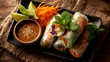 © Дмитрий Забродский - Fresh spring rolls with chicken, vegetables, and dipping sauce on a dark plate